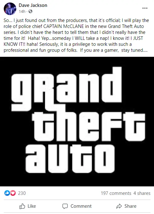 Il a été rapporté que le personnage de GTA 6 est apparu avec la publication Facebook du doubleur.