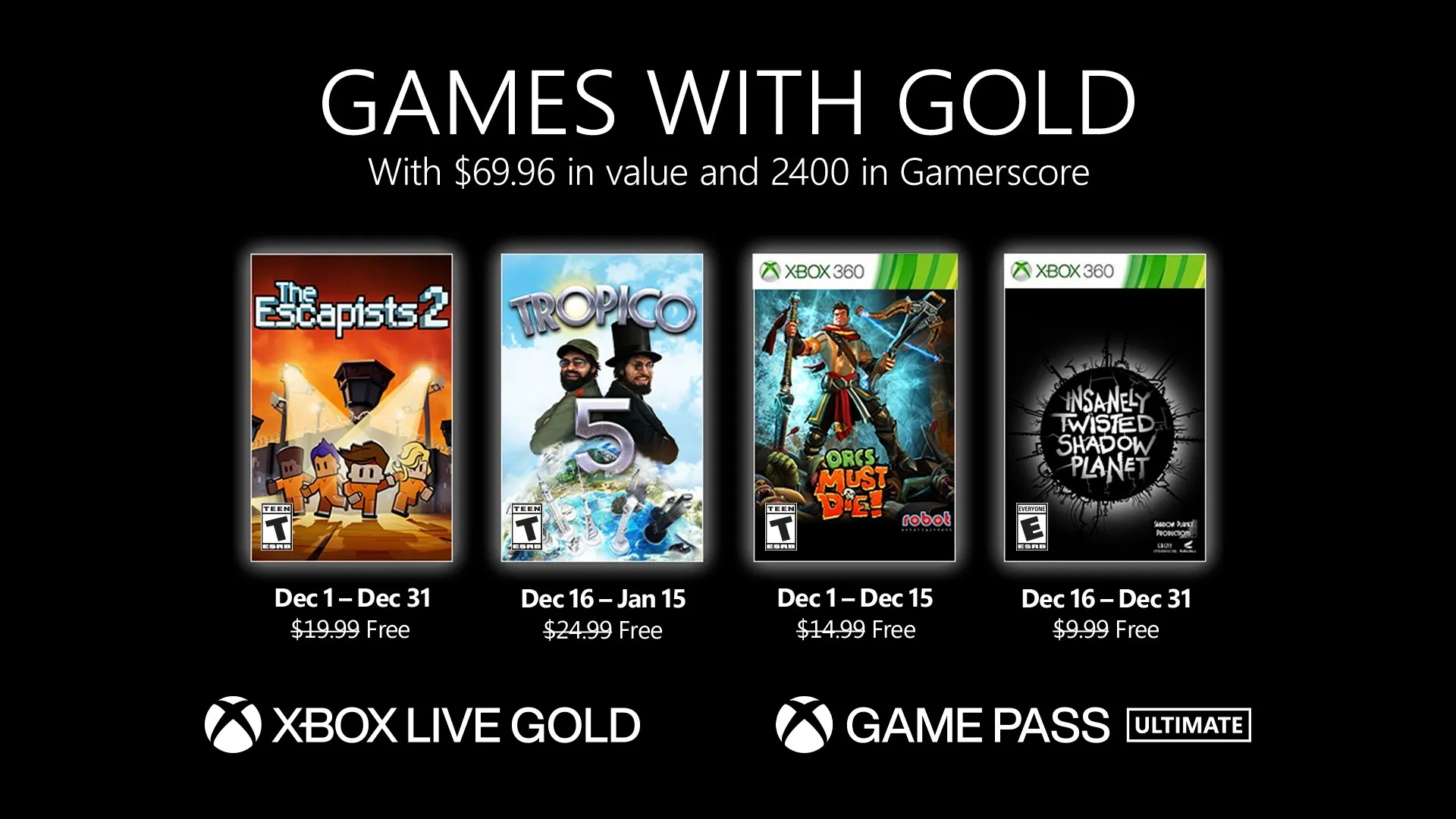 ゴールドと Xbox ゲームを備えた 12 月の無料 Xbox ゲーム。