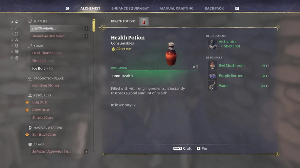 enshrouded - how to heal and craft health potions?